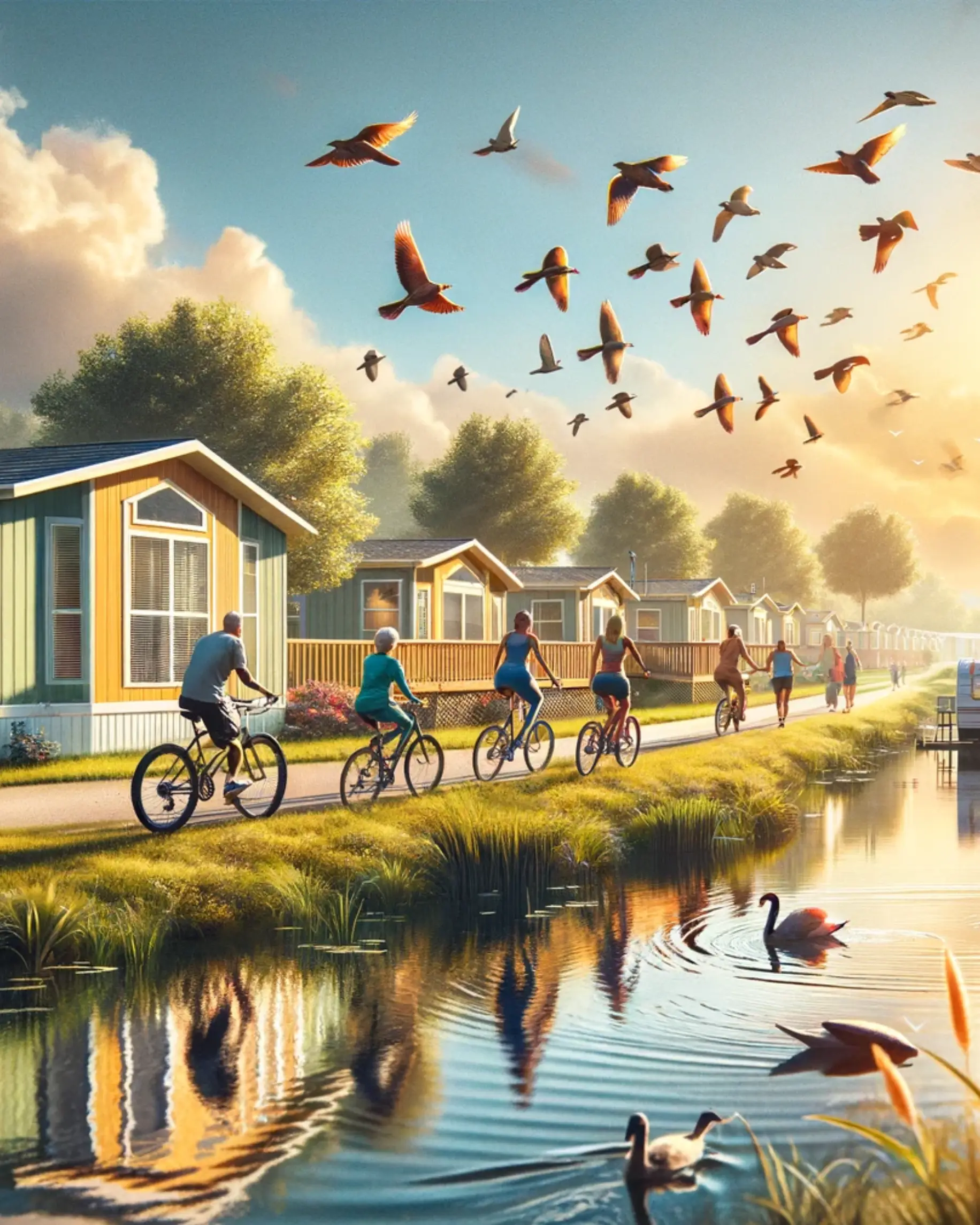 A serene lakeside community with cyclists on a pathway, colorful homes, birds flying overhead, and swans gliding on the water.